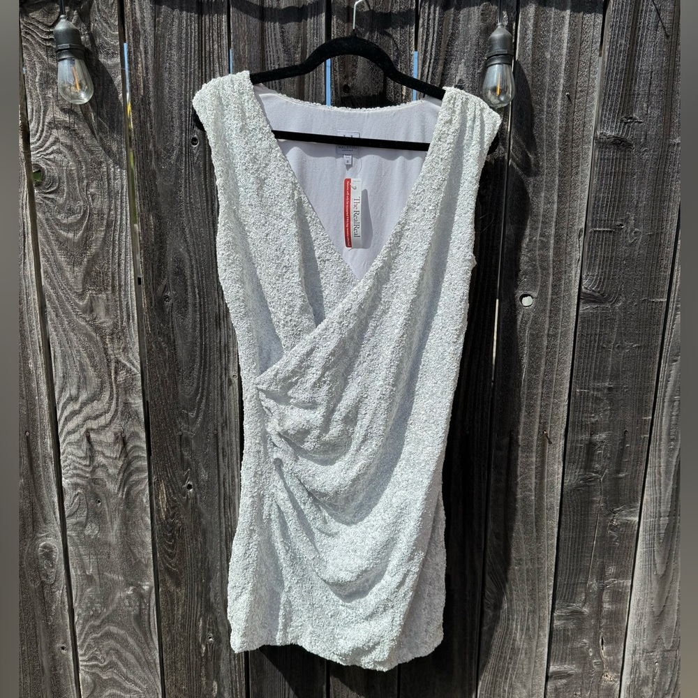 Halston Heritage White Sequin Faux Wrap Sleeveless Midi dress size 8